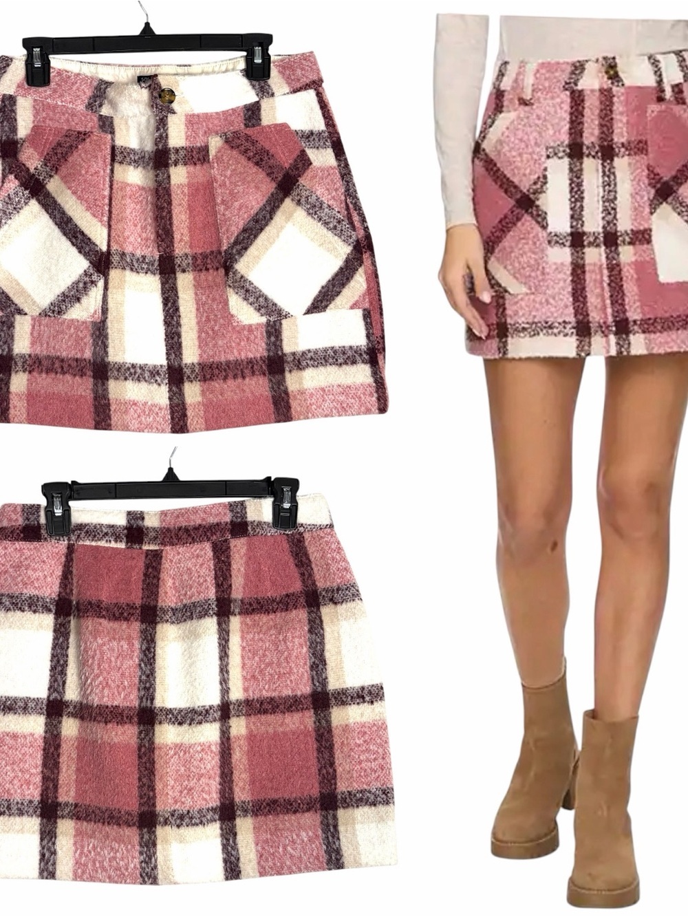 NEW Flag & Anthem Wasilla Plaid Utility Mini Skirt Sz 8 / 29 Pink Plum Front Zip
